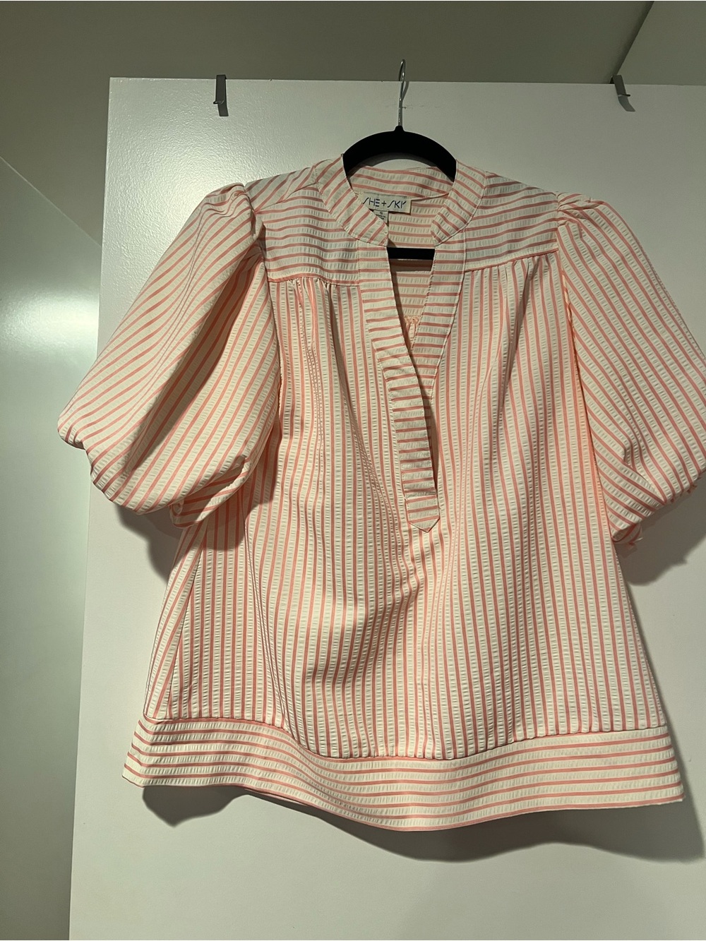 She + Sky Pink and White Striped Puff-Sleeve Blouse